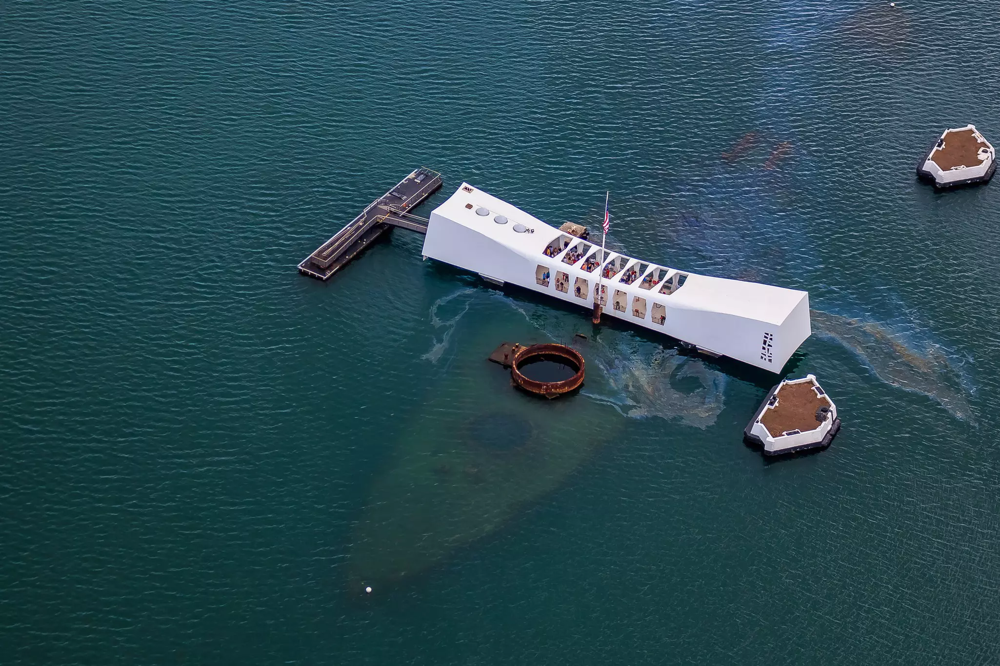 Aerial view of USS Arizona Memorial, World War II Valor In The Pacific National Monument in Pearl Harbor Honolulu Hawaii