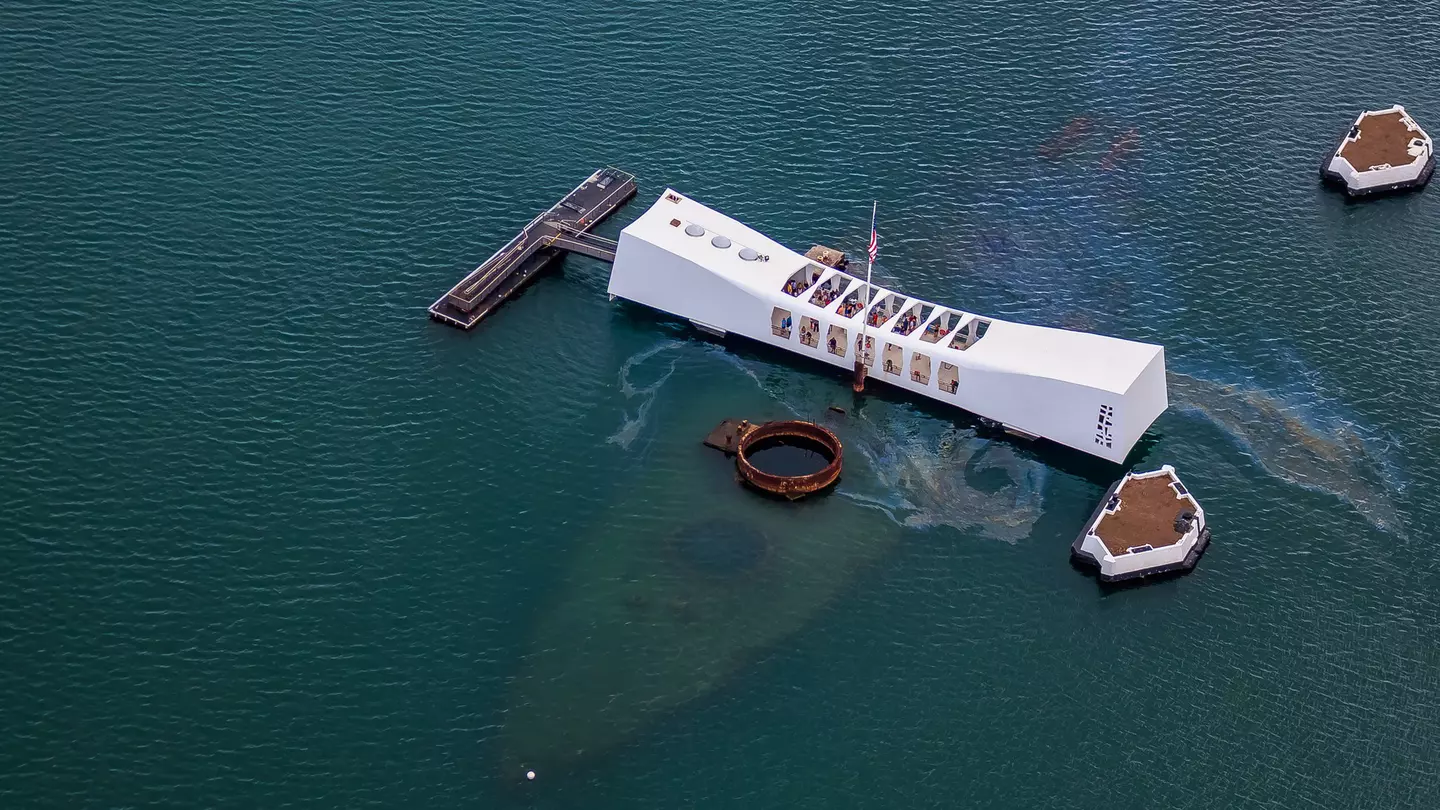 Aerial view of USS Arizona Memorial, World War II Valor In The Pacific National Monument in Pearl Harbor Honolulu Hawaii
