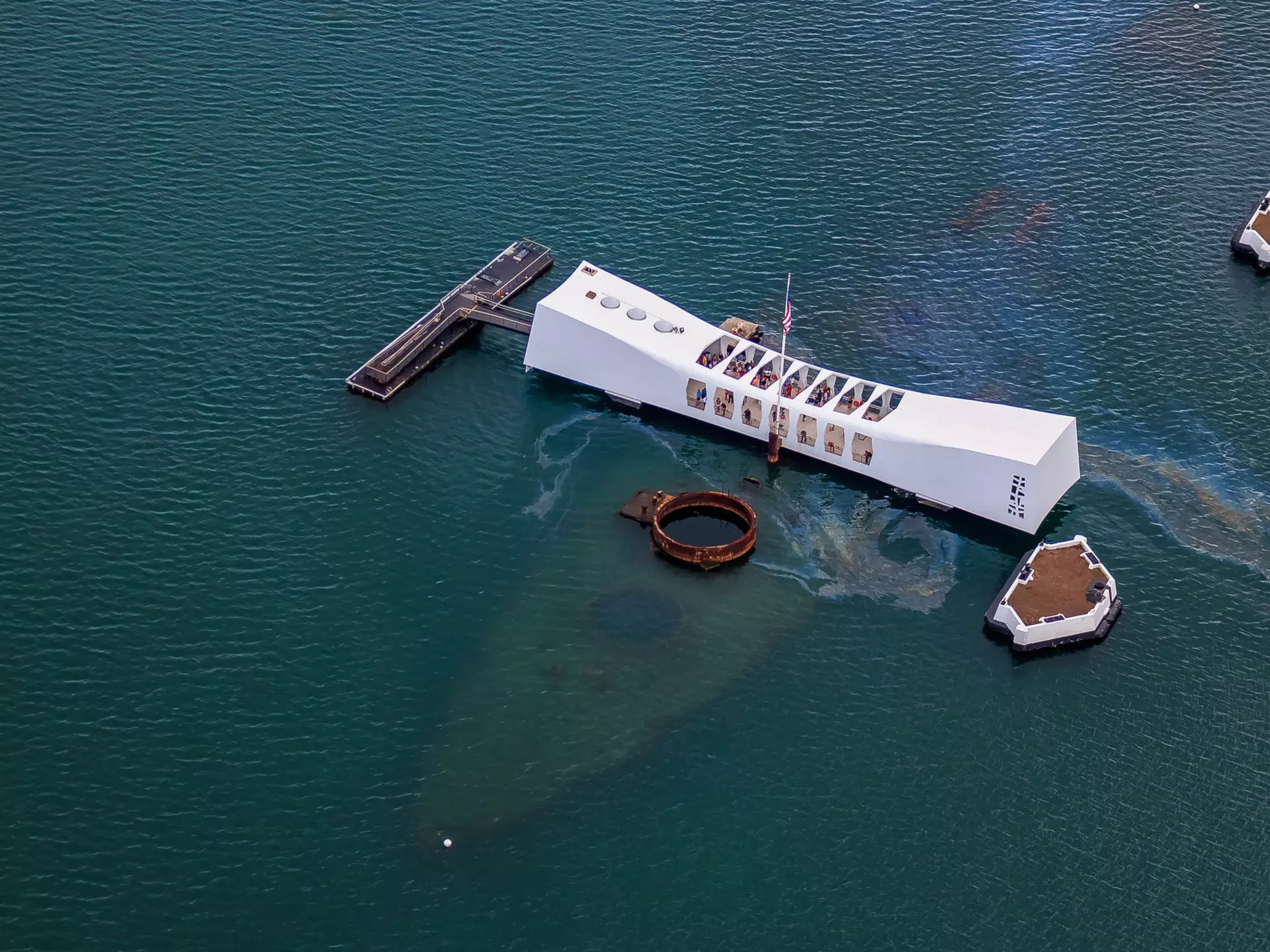 Aerial view of USS Arizona Memorial, World War II Valor In The Pacific National Monument in Pearl Harbor Honolulu Hawaii