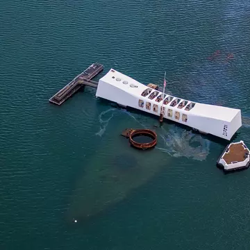 Aerial view of USS Arizona Memorial, World War II Valor In The Pacific National Monument in Pearl Harbor Honolulu Hawaii