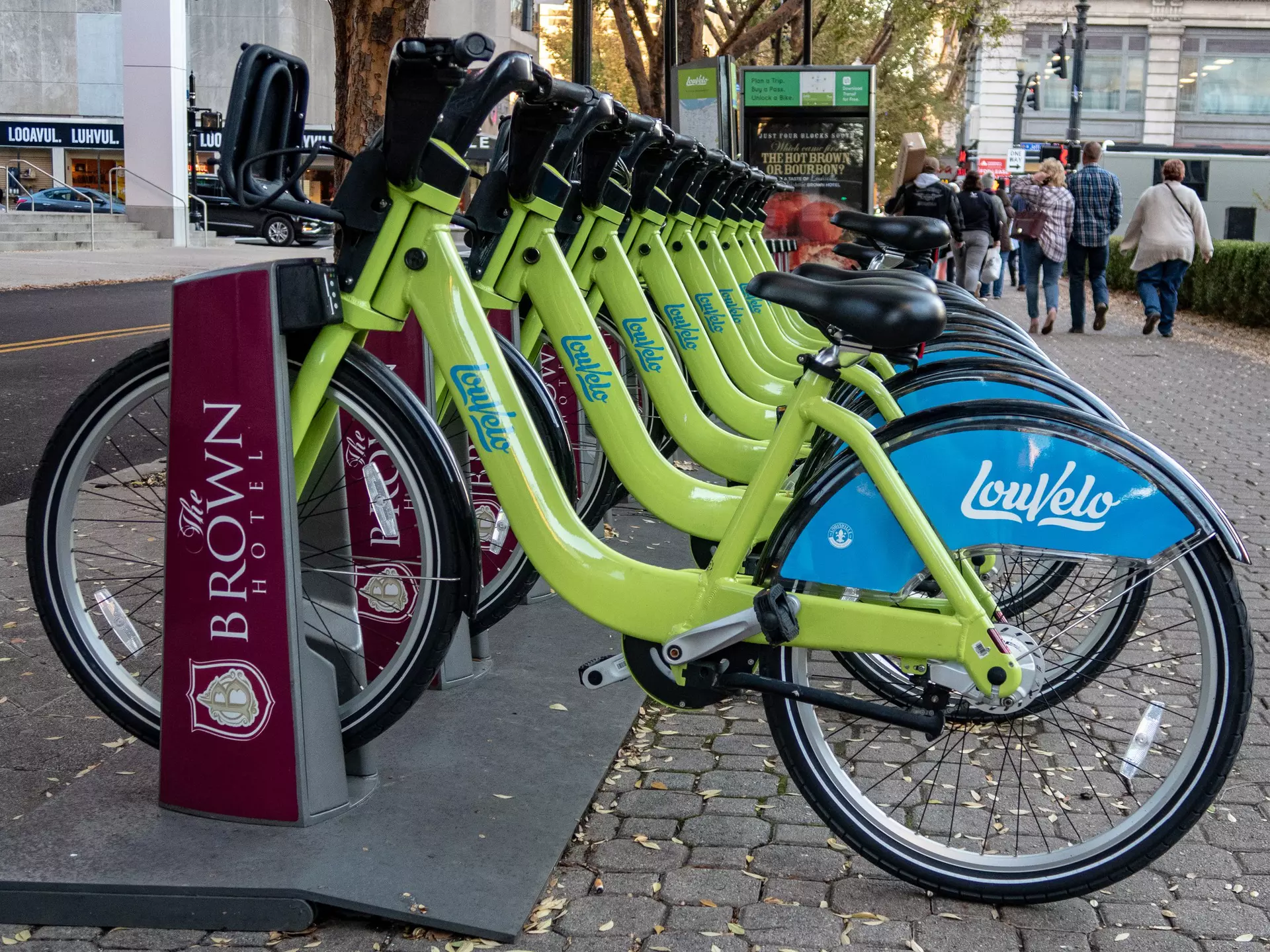 A row of green LouVelo bikes in their docks in Louisville, Kentucky