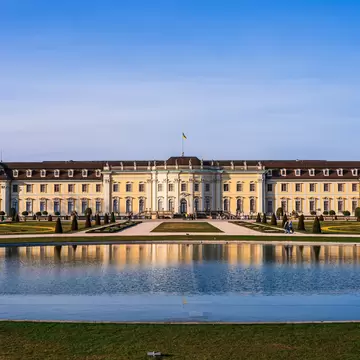 Facade of the baroque castle in Ludwigsburg with public garden and park in Germany.