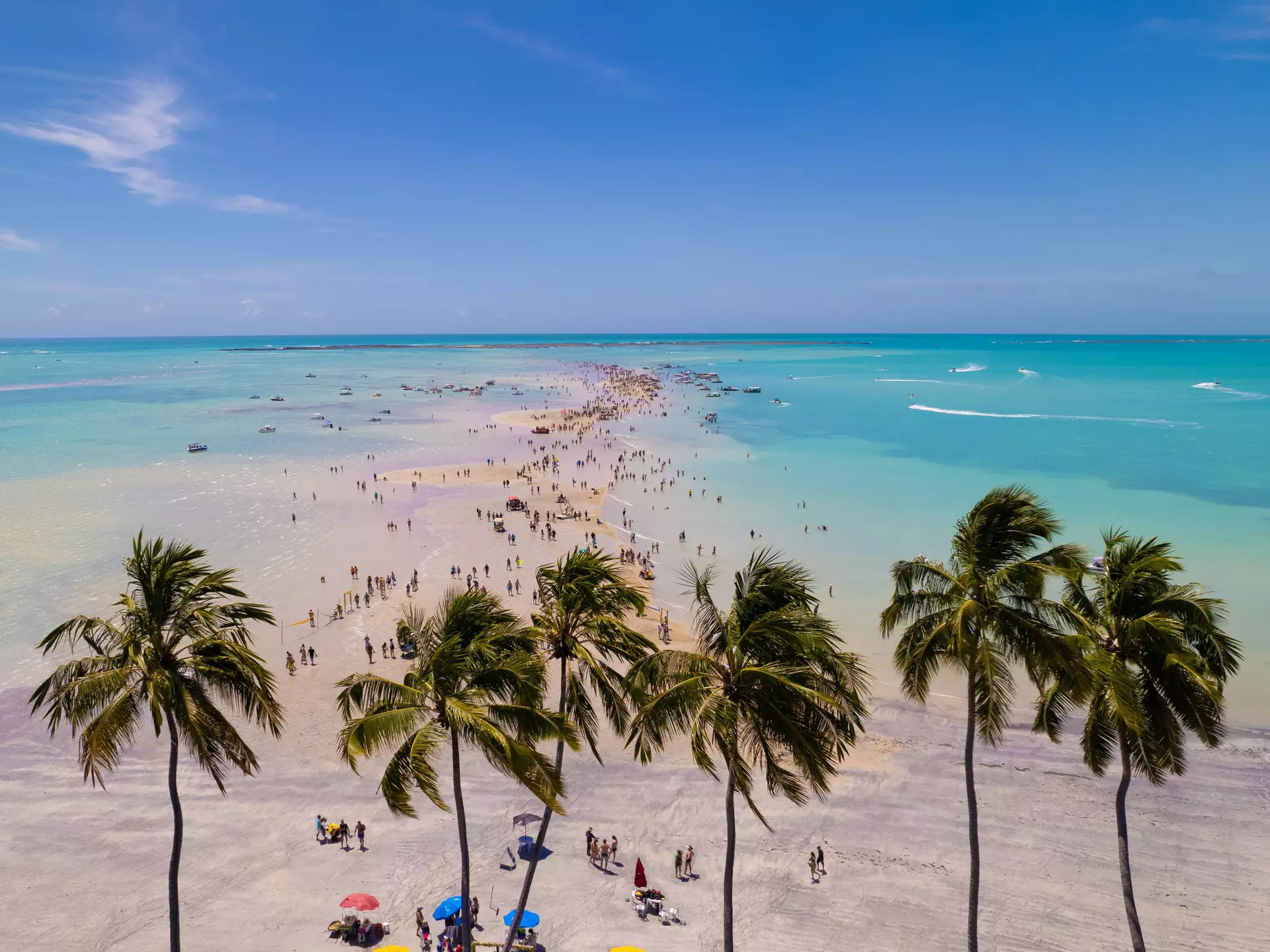 View from above of Caminho de Moisas - a sand bank that appears when the tide is low and is located at Praia de Barra Grande in Maragogi, Alagoas.