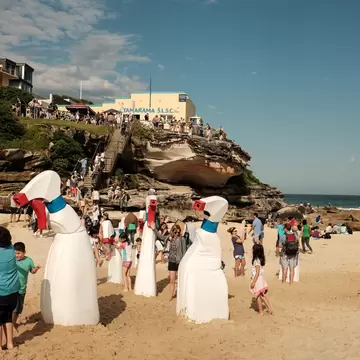 The world's largest annual free-to-the-public outdoor sculpture exhibition, Sculpture by the Sea, is held on the coastal walk between Bondi beach and Tamarama. Sydney, Australia.