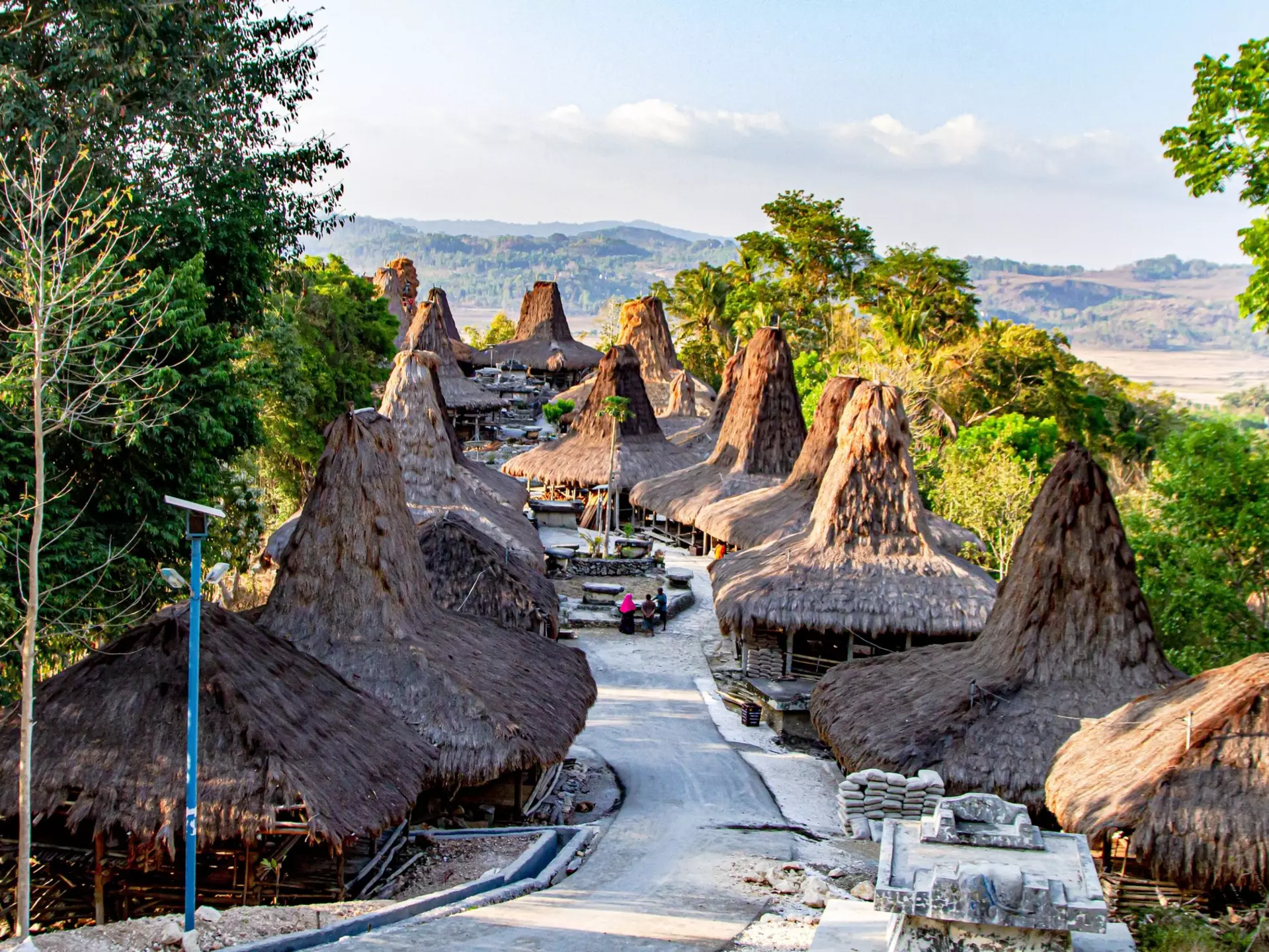 Homes with thatched roofs and tall towers are pictured along a village road on a tropical island.