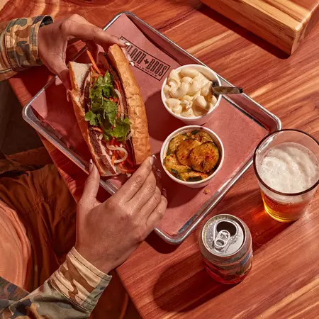 A BBQ sandwich and sides at Blood Bros. BBQ