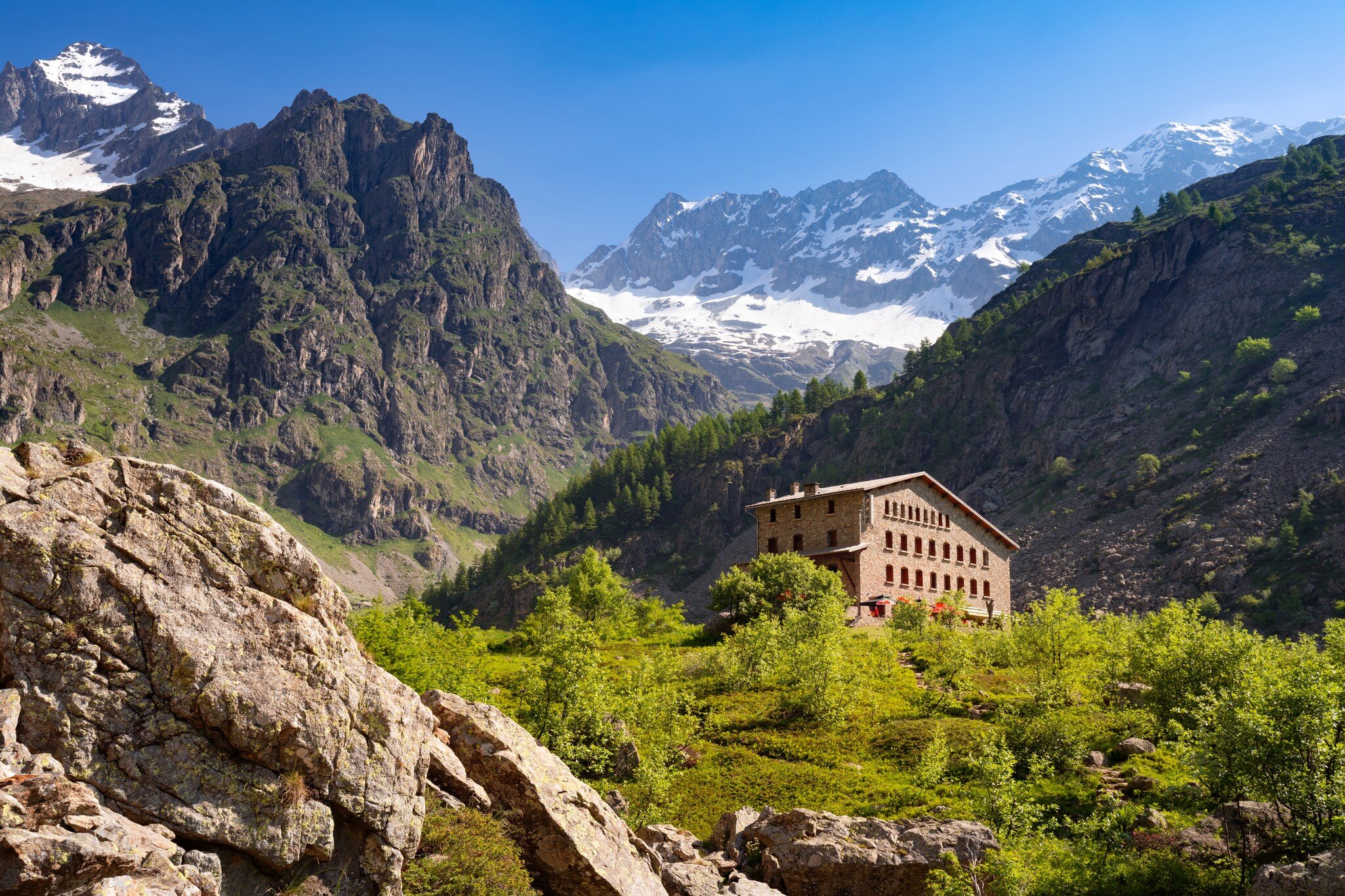 Hautes-Alpes (05), France - June 16, 2022: The Gioberney Refuge in the heart of the Ecrins National Park massif late Spring- Summer. Valgaudemar valley in the French Alps