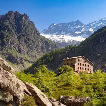 Hautes-Alpes (05), France - June 16, 2022: The Gioberney Refuge in the heart of the Ecrins National Park massif late Spring- Summer. Valgaudemar valley in the French Alps