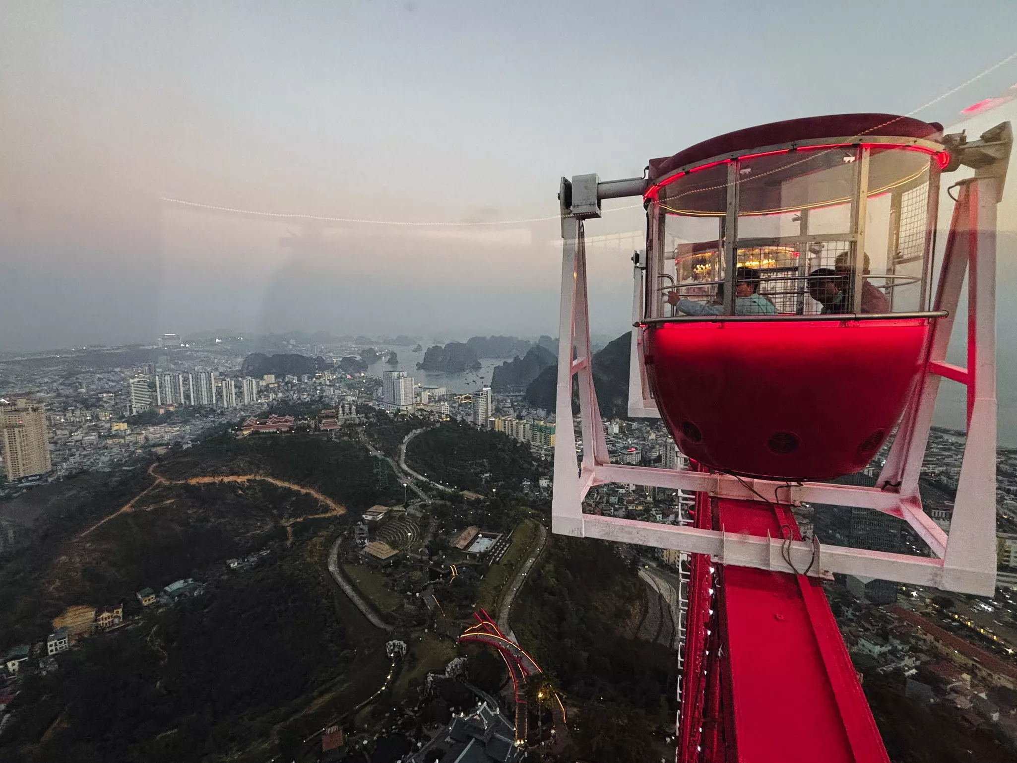 A view from the Sun Wheel in Halong City, Vietnam, with islands and towers beyond.