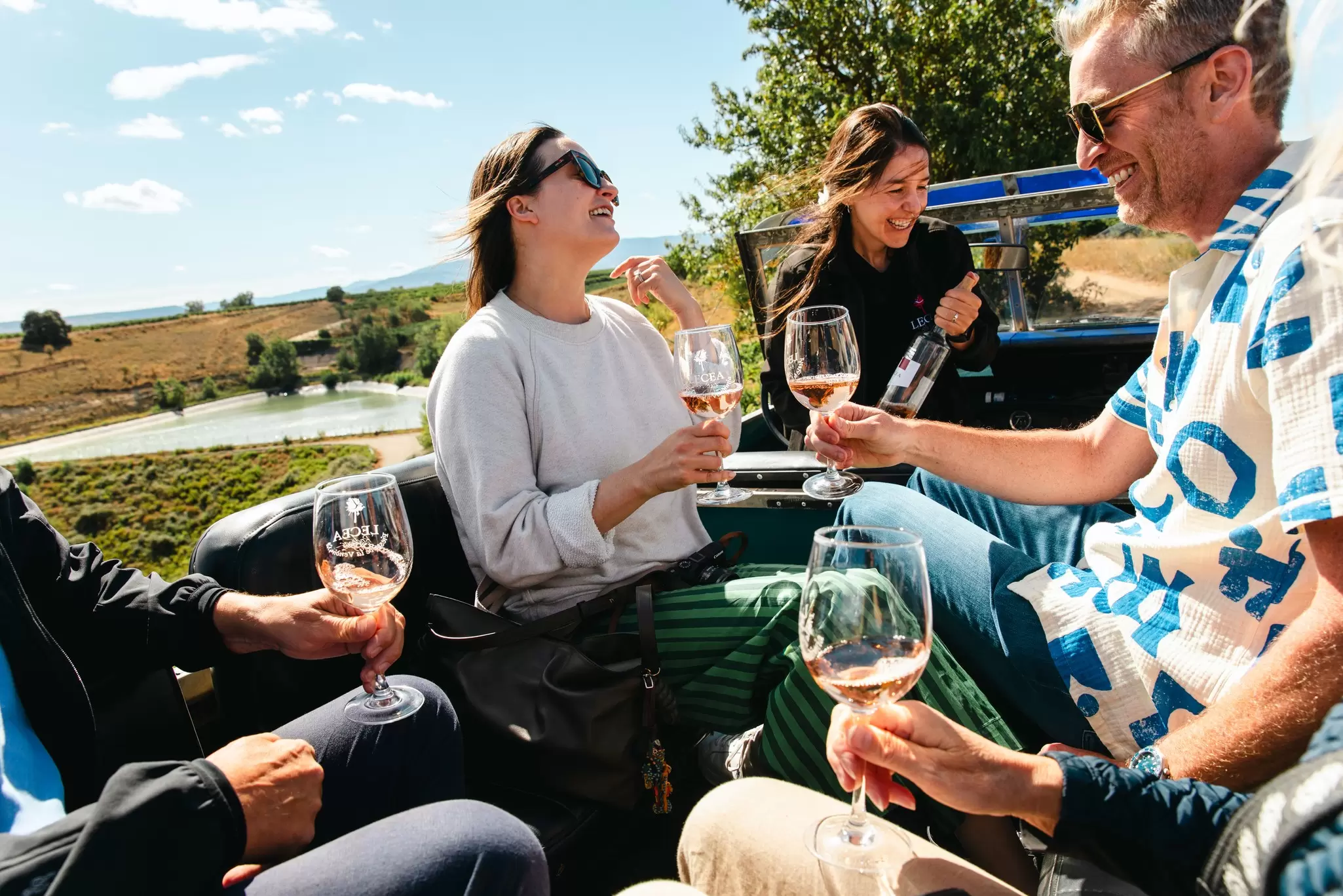 People sat in a vehicle holding wine glasses as it travels through vineyards: Bodega Lecea, La Rioja, Spain