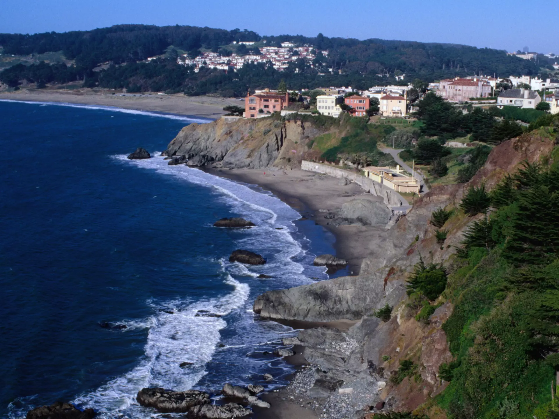 China Beach coastline in San Francisco.
13721-23
California, North America, San Francisco, United States, beach, cliff, coastal, coastline, domestic building, domestic housing, house, landscape, ocean, sea, seascape, surf, view, waterscape, wave