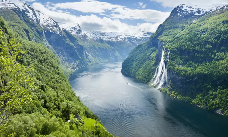 Overview of Geirangerfjord and Seven Sisters waterfall.