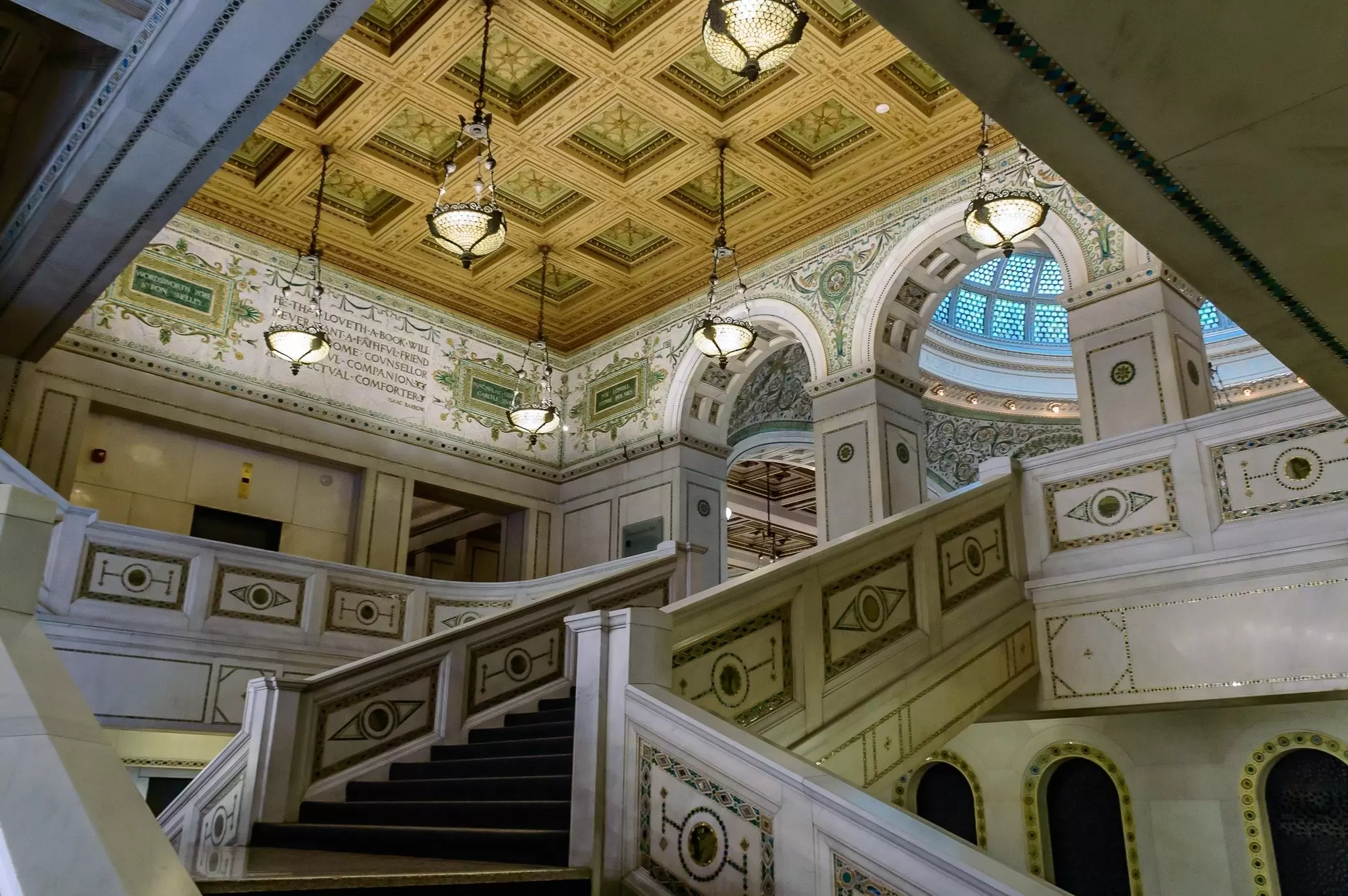 View of the stairs inside the Chicago Cultural Center in Chicago, Illinois.