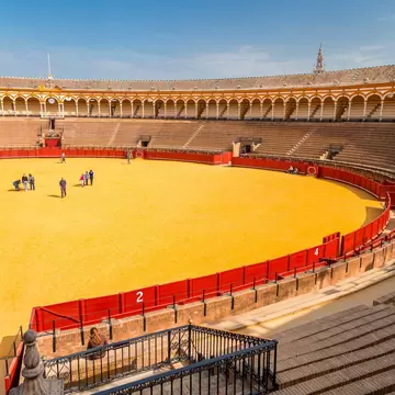 View inside the Plaza de Toros de la Real Maestranza in Seville, Spain.