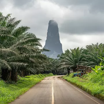 Pico Cão Grande in Sao Tome and Principe, nature landscape. Travel to Sao Tome and Principe. Beautiful paradise island in Gulf of Guinea. Former colony of Portugal.; Shutterstock ID 1193588719; purchase_order: 65050; job: ; client: ; other: