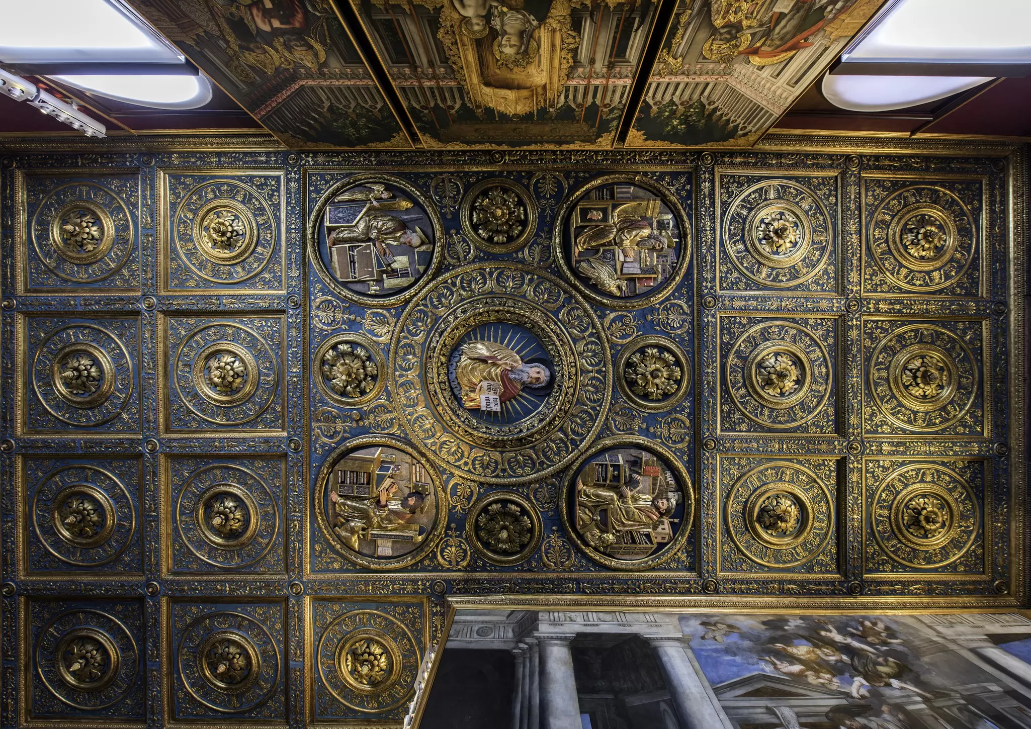 A view of the ceiling of Sala dell'Albergo at the Gallerie dell'Accademia in Venice, Italy.