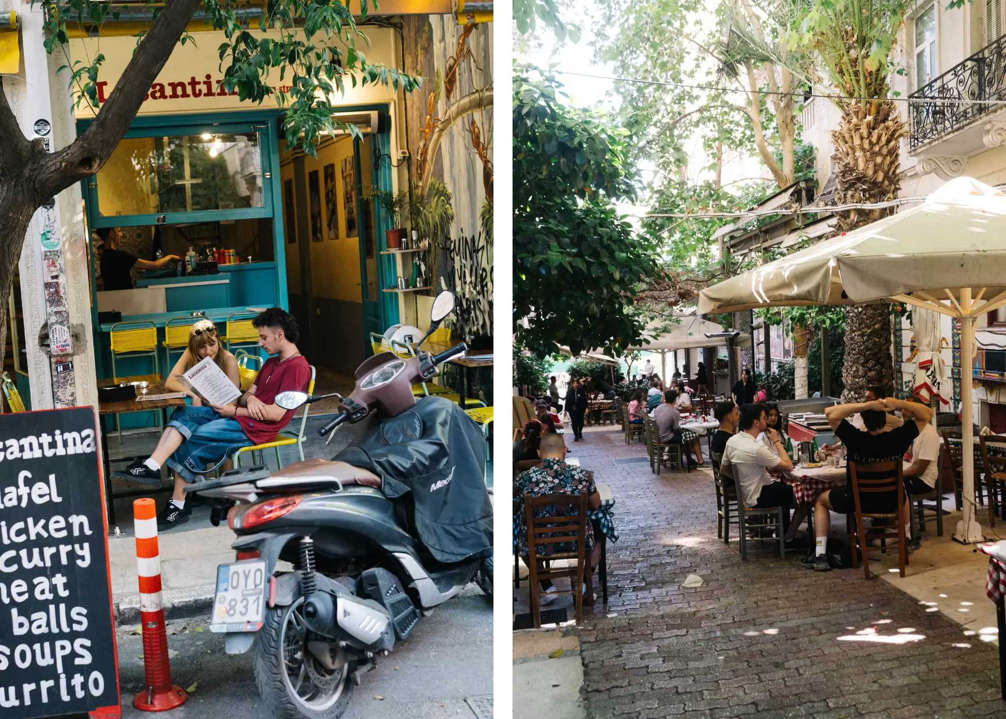 Left: a man and a woman sitting at an outside table of a cafe looking at a menu. Right: tables lining each side of a narrow street of restaurants.