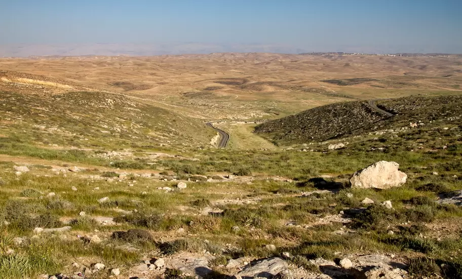 Road winding through rocky, grassy Judean Desert hills in the West Bank, Palestinian Territories, haze over distant ridges