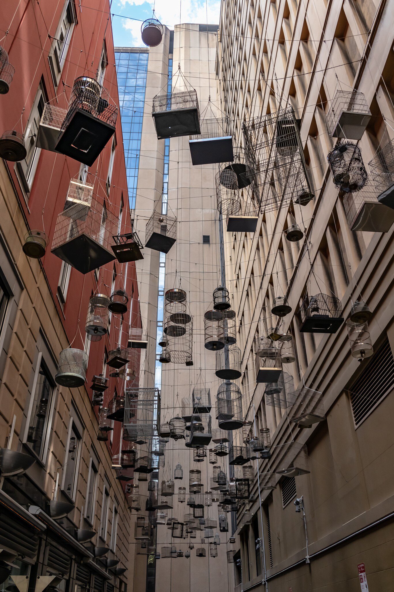 Hanging  birdcages in Angel place, where "forgotten songs" play the sounds of the birds which once inhabited Sydney, Australia.