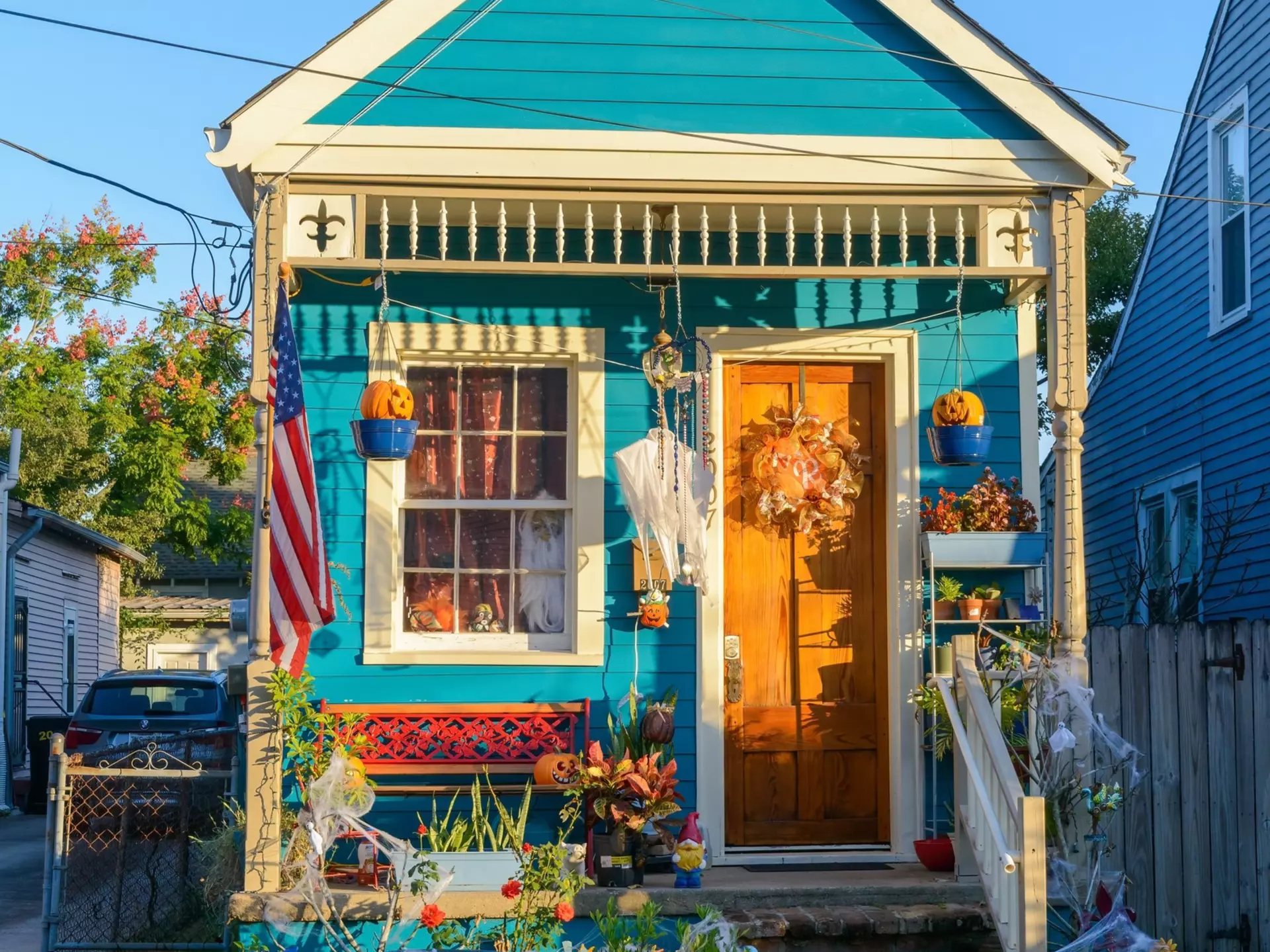 Blue cottage decorated for Halloween in New Orleans.