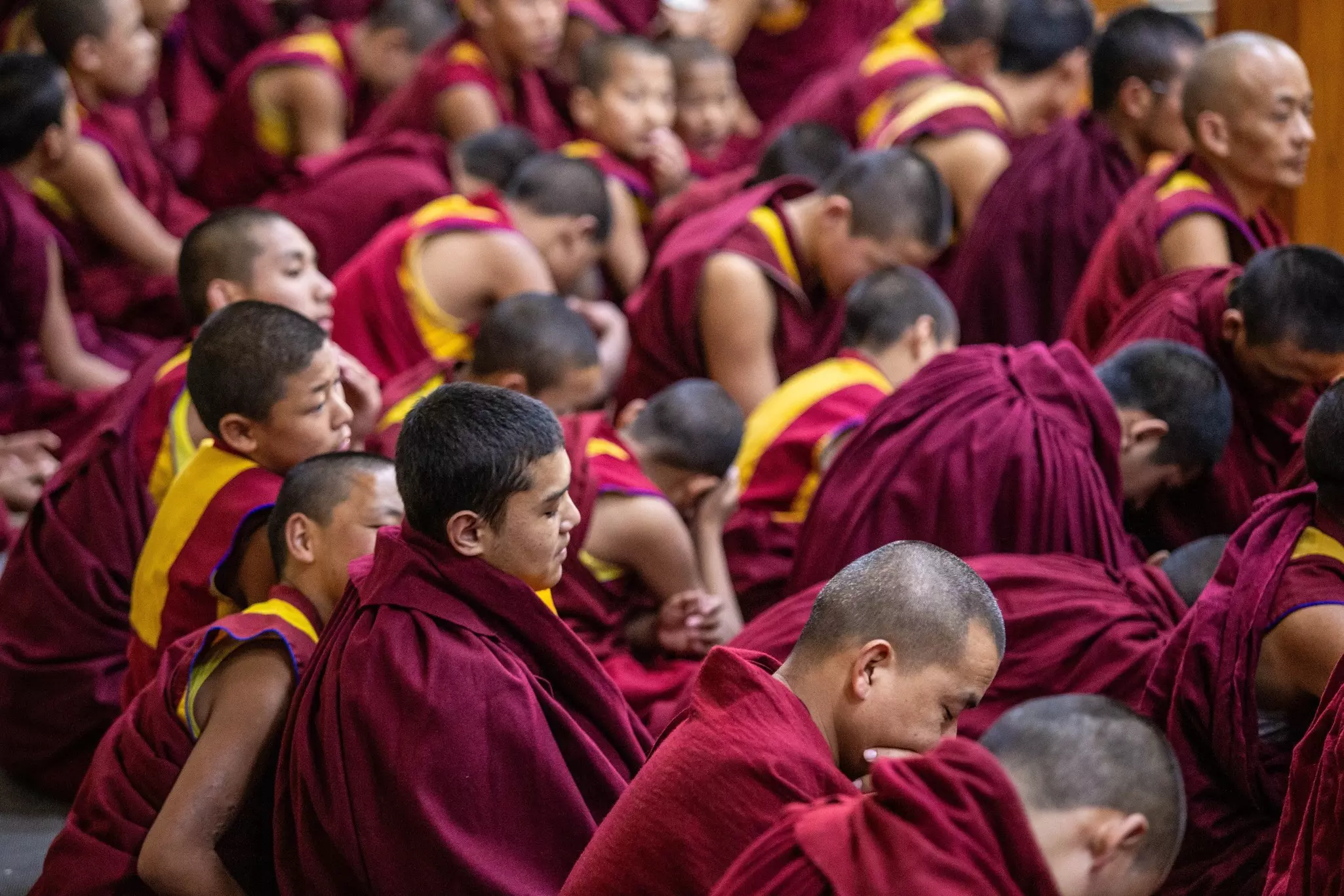 Tibetan Buddhist monks at a prayer ceremony in Dharamsala, India.