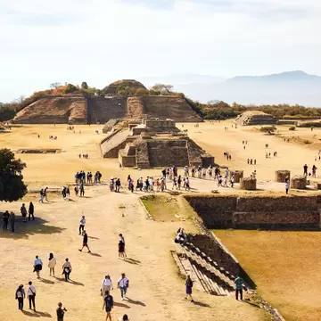 Aerial view of the archaeological site of Monte Albán, near Oaxaca City, Mexico, on a sunny winter day.