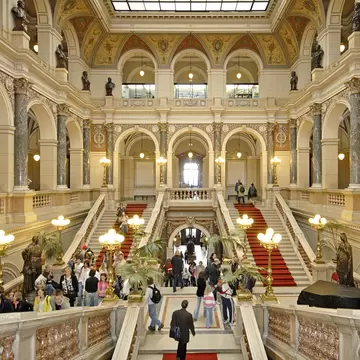 The grand stairway inside the National Museum in Prague, Czech Republic (Czechia). 
