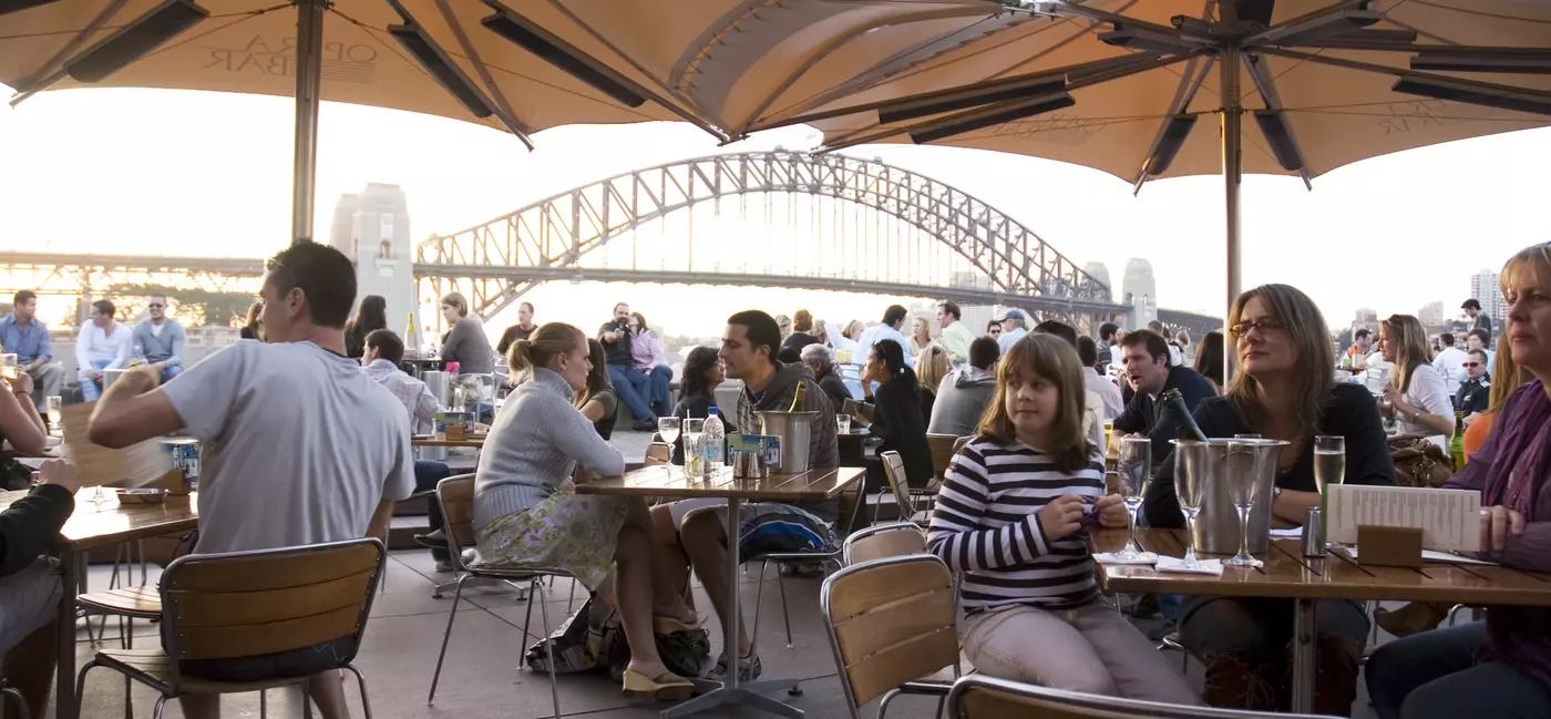 People sitting at an outdoor cafe under umbrellas with a view of the Sydney Harbour Bridge.