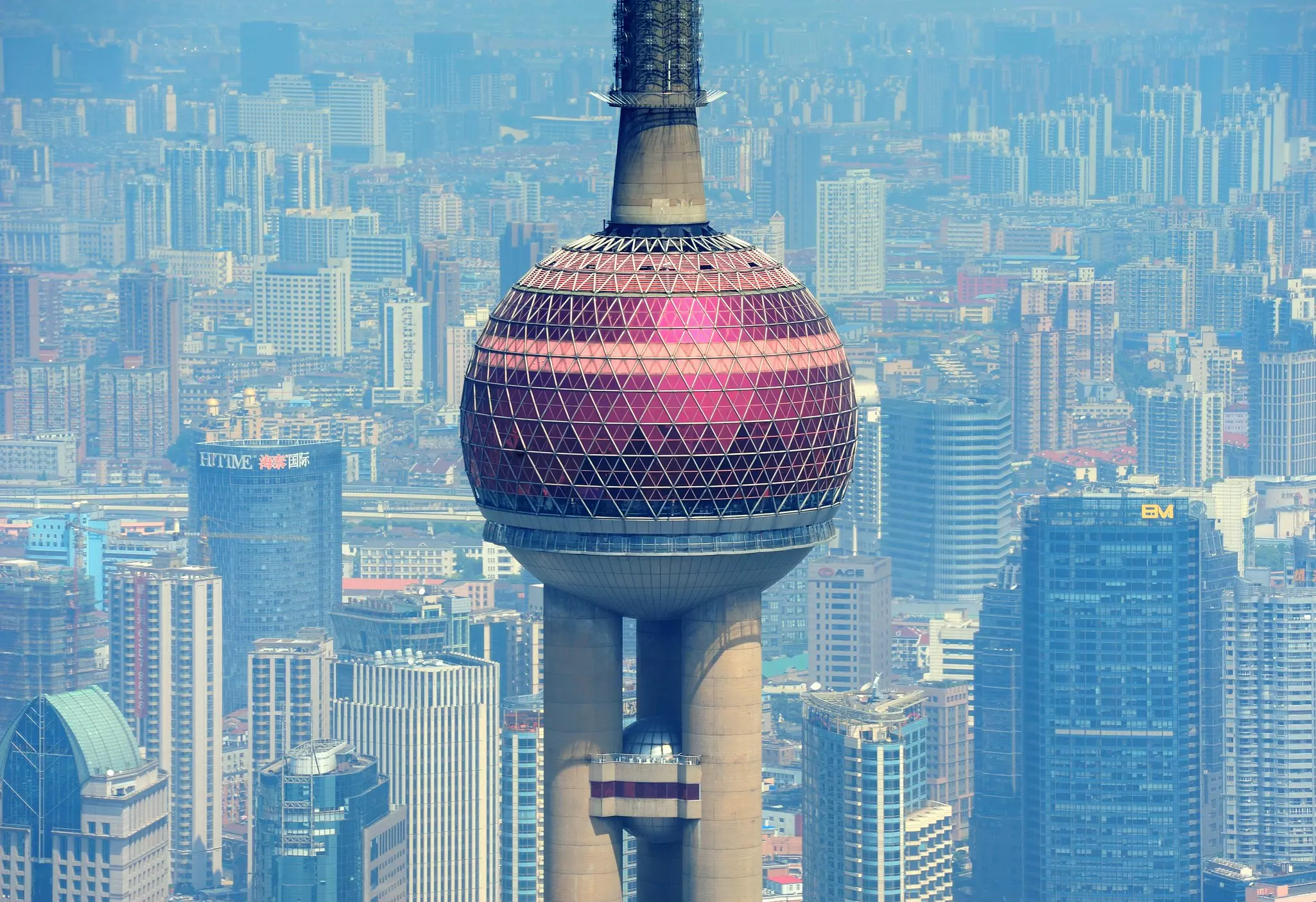 A ball-shaped structure on the Oriental Pearl Tower in Shanghai, China.