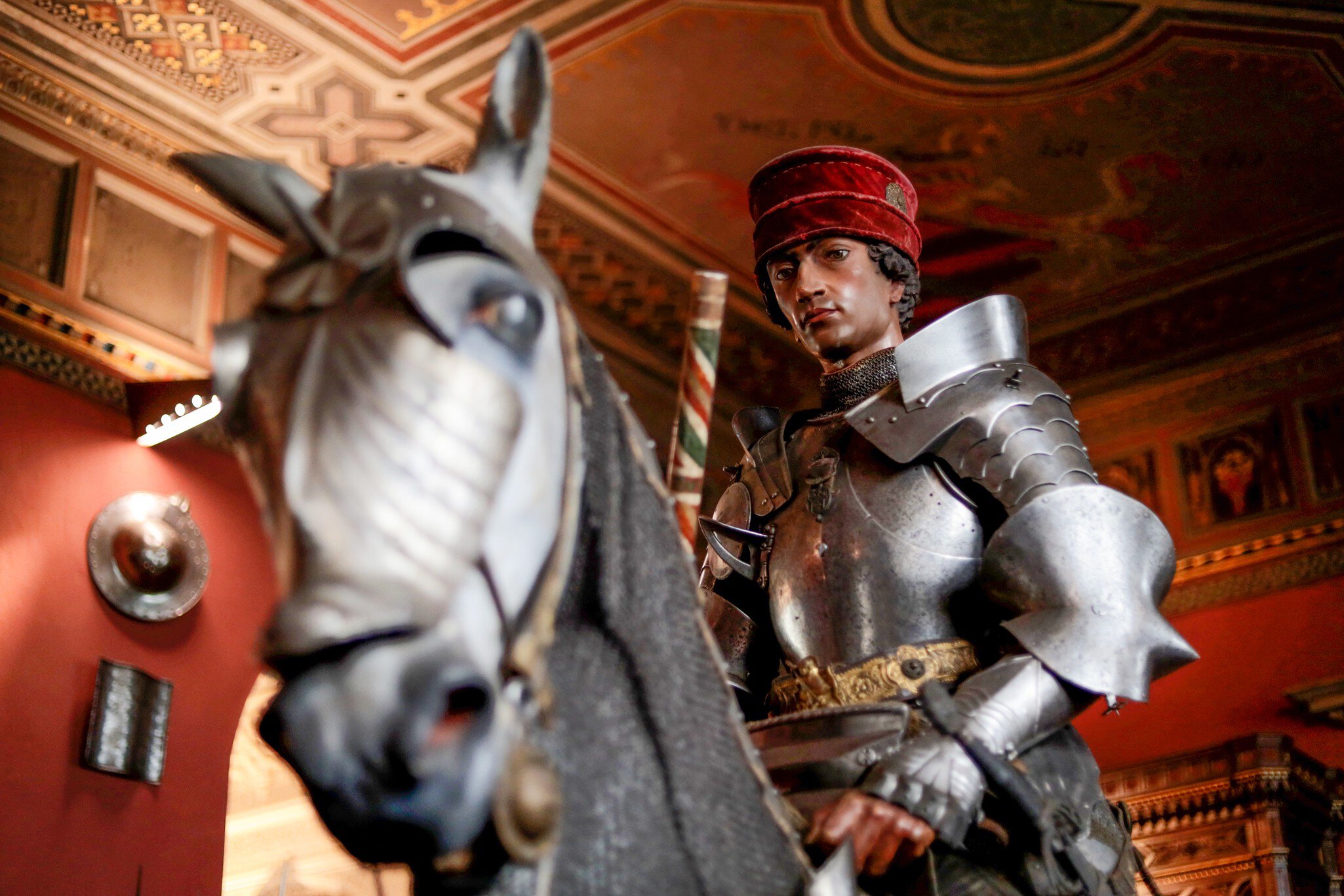 Florence, Italy - Apr 25, 2023: Medieval armor on the horse inside Villa Stibbert Museum in Florence.; Shutterstock ID 2294561305; purchase_order: 65050; job: poi; client: ; other: