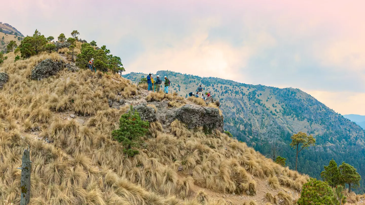 A grass-covered mountain peak with a group of hikers wearing gear and helmets