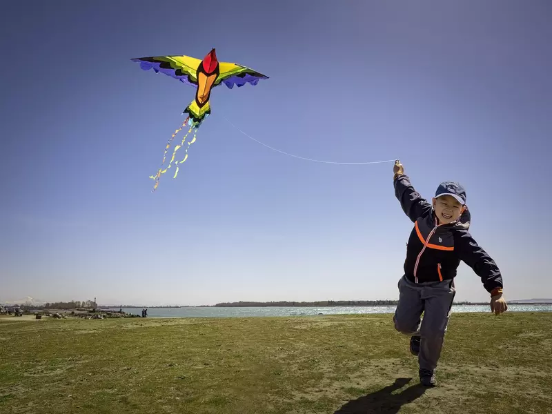 A young boy flies a kite in a cloudless sky near Richmond, British Columbia