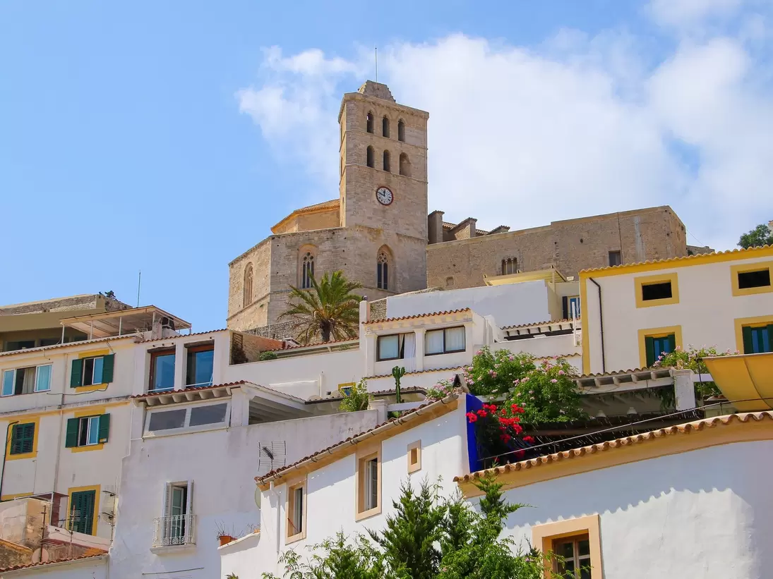 View of the Catedral de Santa Maria de les Neus on the top of the Castle of Eivissa in the old city center of Ibiza, Spain.