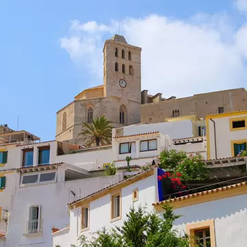 View of the Catedral de Santa Maria de les Neus on the top of the Castle of Eivissa in the old city center of Ibiza, Spain.
