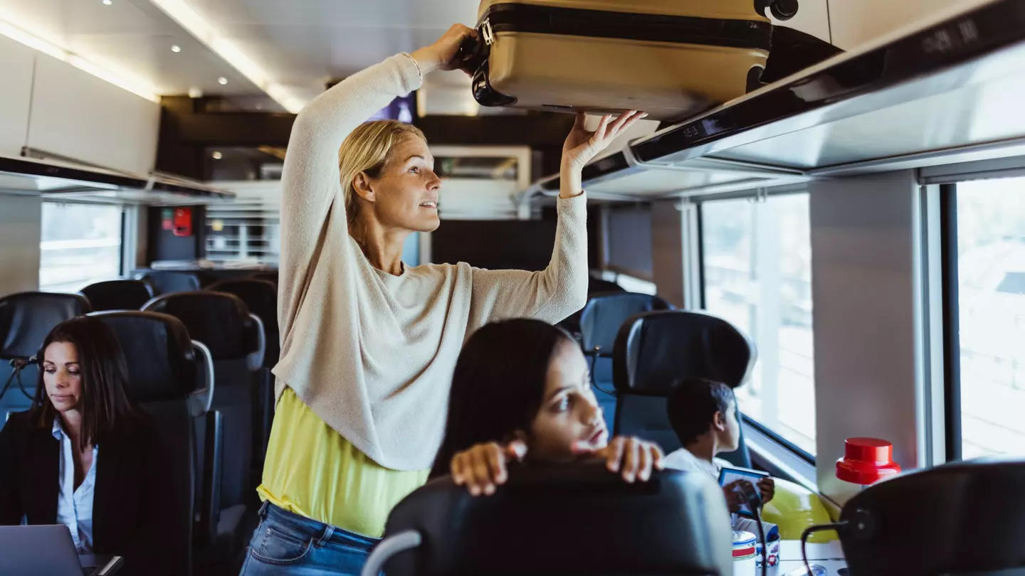Woman arranging luggage on shelf while traveling with children in train