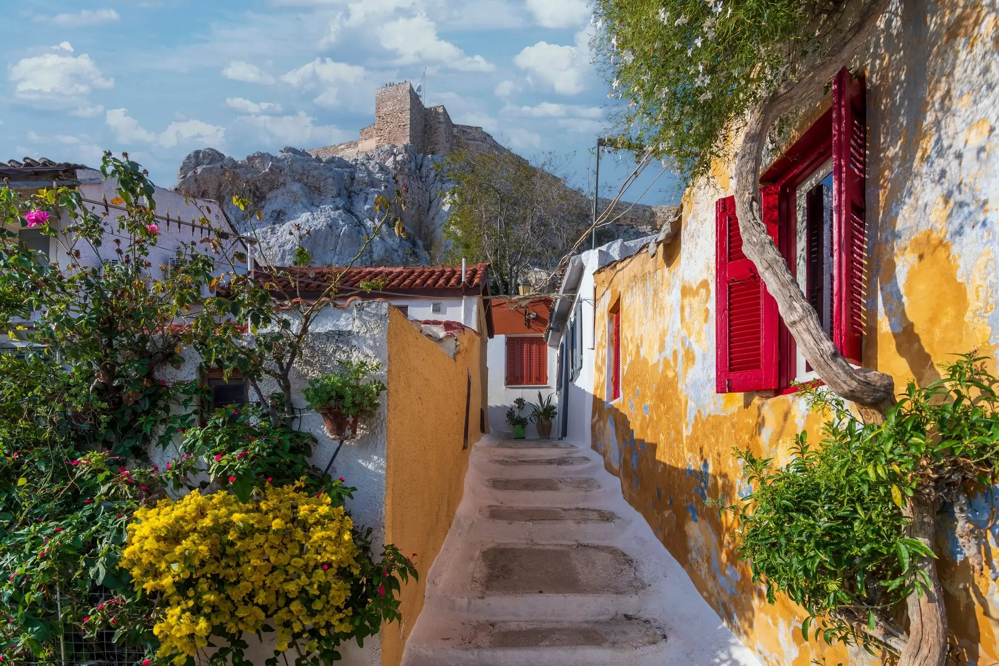 View of a narrow street in the Plaka District in Athens.