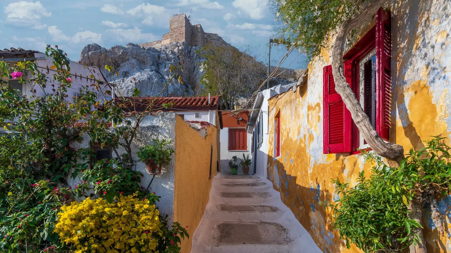 View of a narrow street in the Plaka District in Athens.