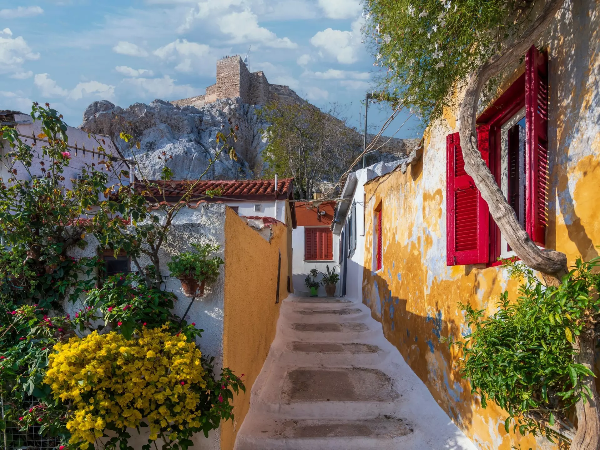 View of a narrow street in the Plaka District in Athens.