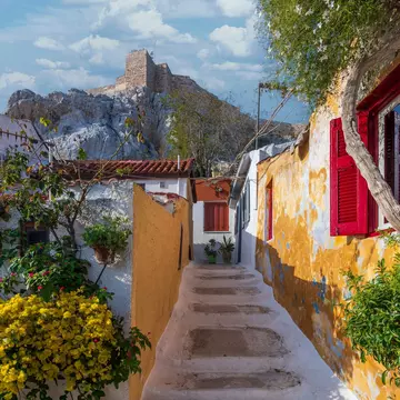 View of a narrow street in the Plaka District in Athens.