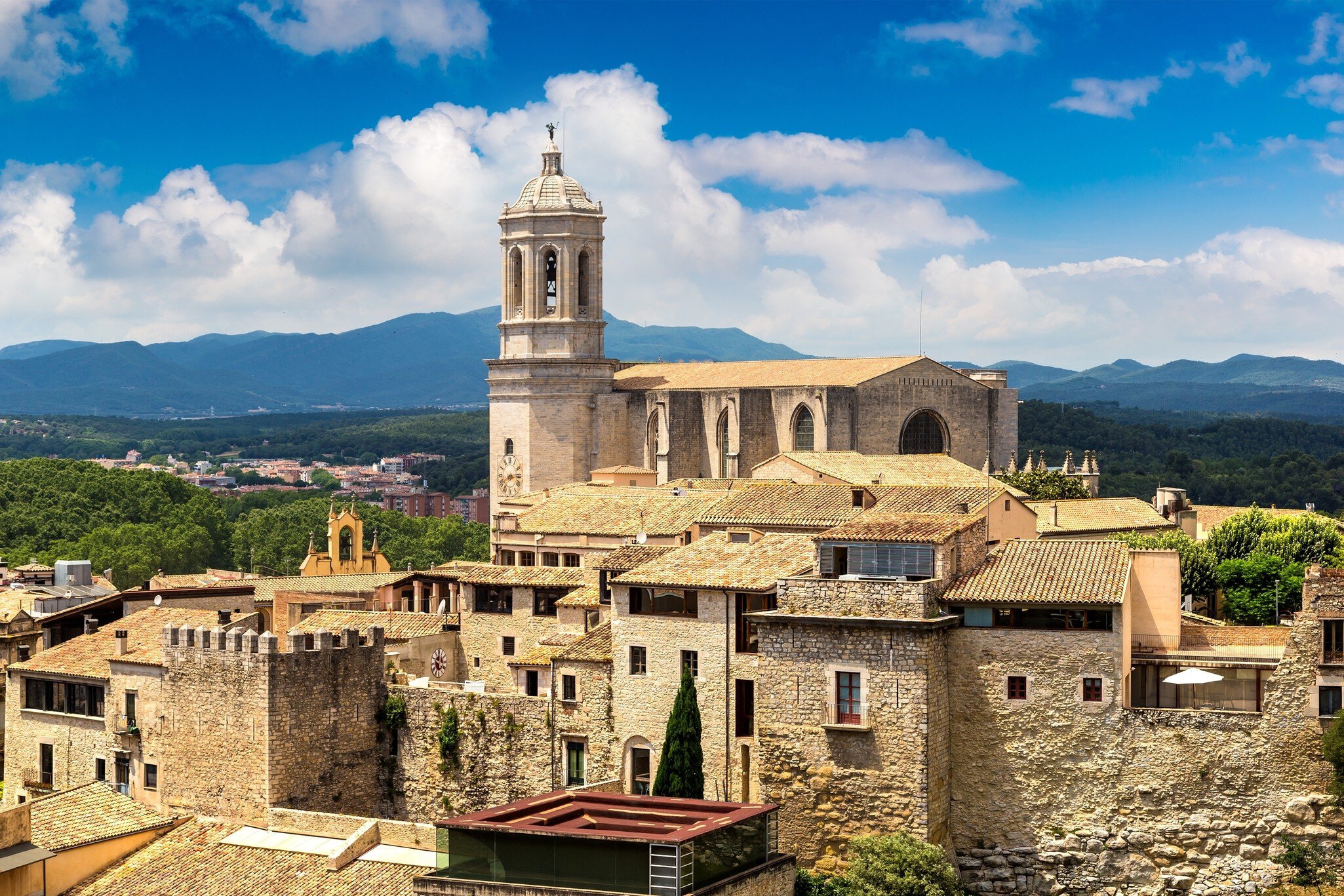 Aerial view of Catedral de Girona on a beautiful summer day in Spain.