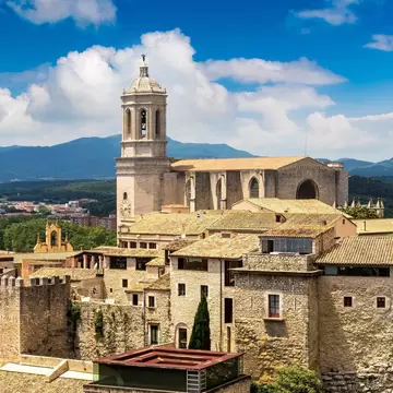 Aerial view of Catedral de Girona on a beautiful summer day in Spain.