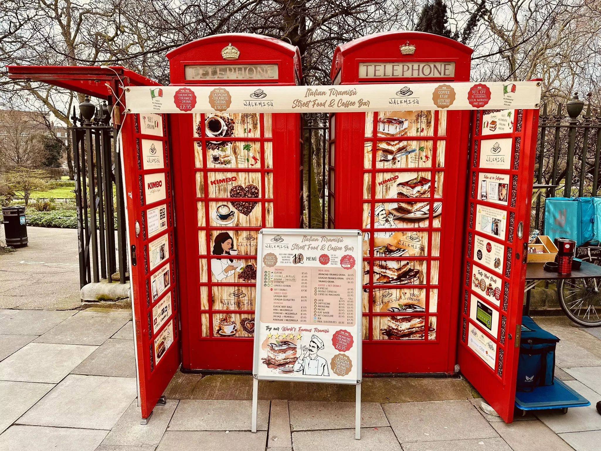 Walkmisù serves coffee and tiramisu from a red phone box, Russell Sq, London.