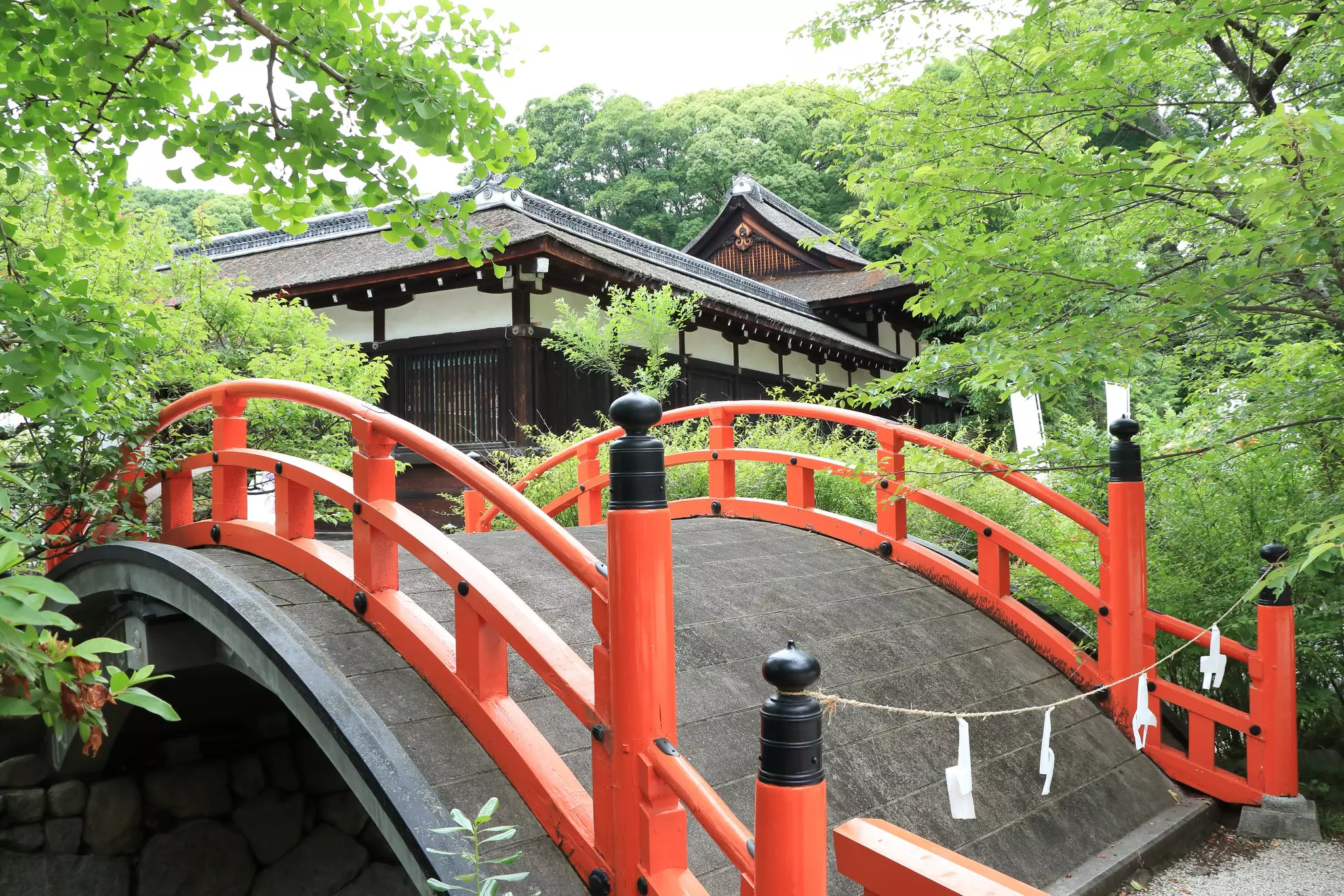 An arched bridge with red railings leads to a Japanese shrine.