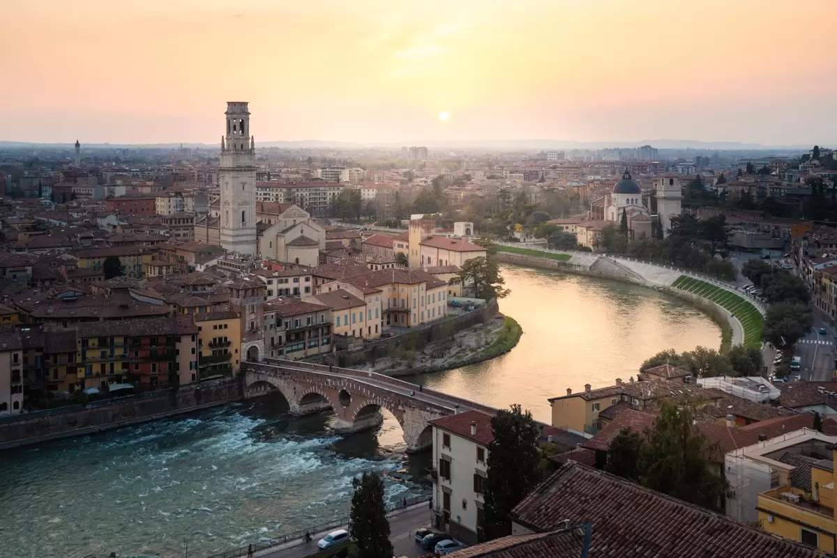 A view over the Ponte Pietra and the Adige River in Verona, Veneto, Italy.