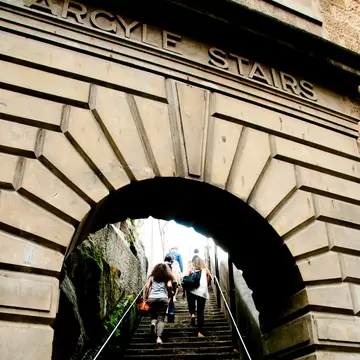 Walking up the Argyle Stairs, The Rocks, Sydney, Australia.
