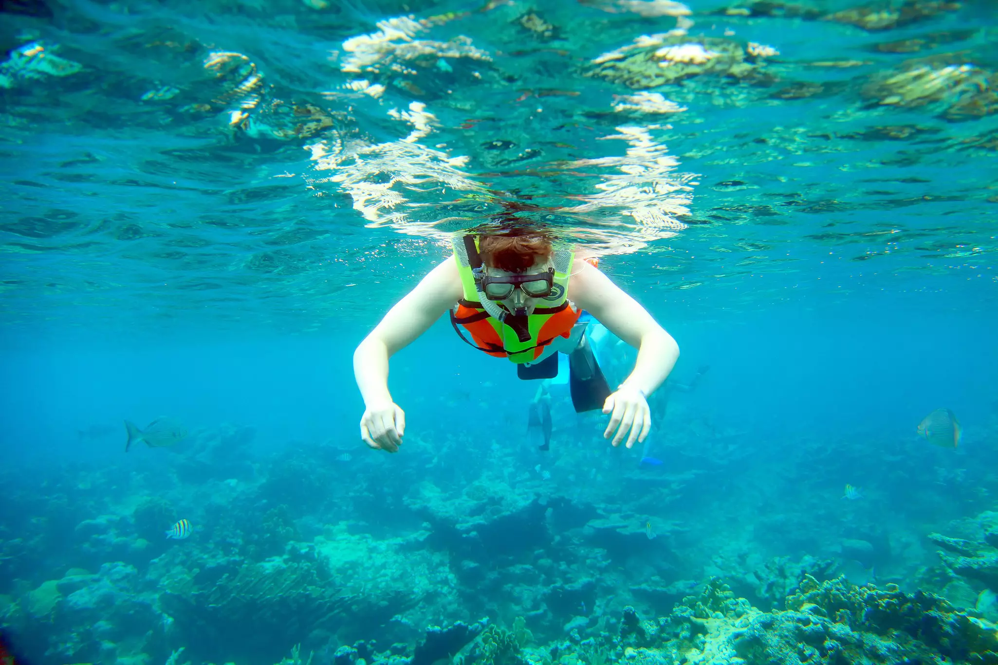 Young man snorkeling in the Caribbean Sea