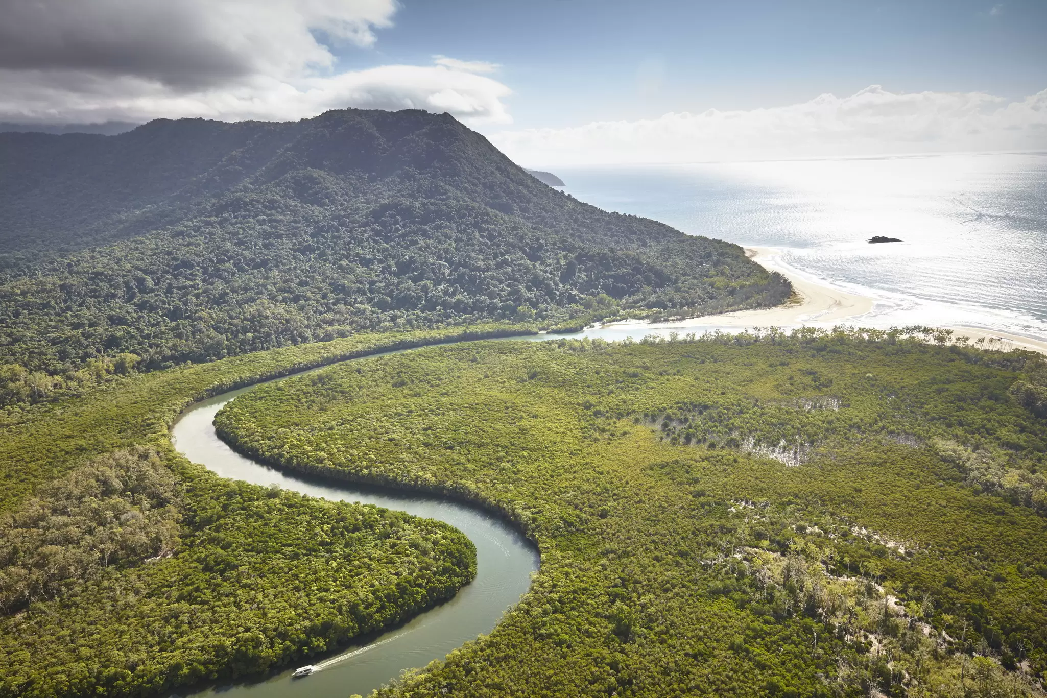 Aerial view of the Daintree River mouth near Cape Tribulation in Australia.