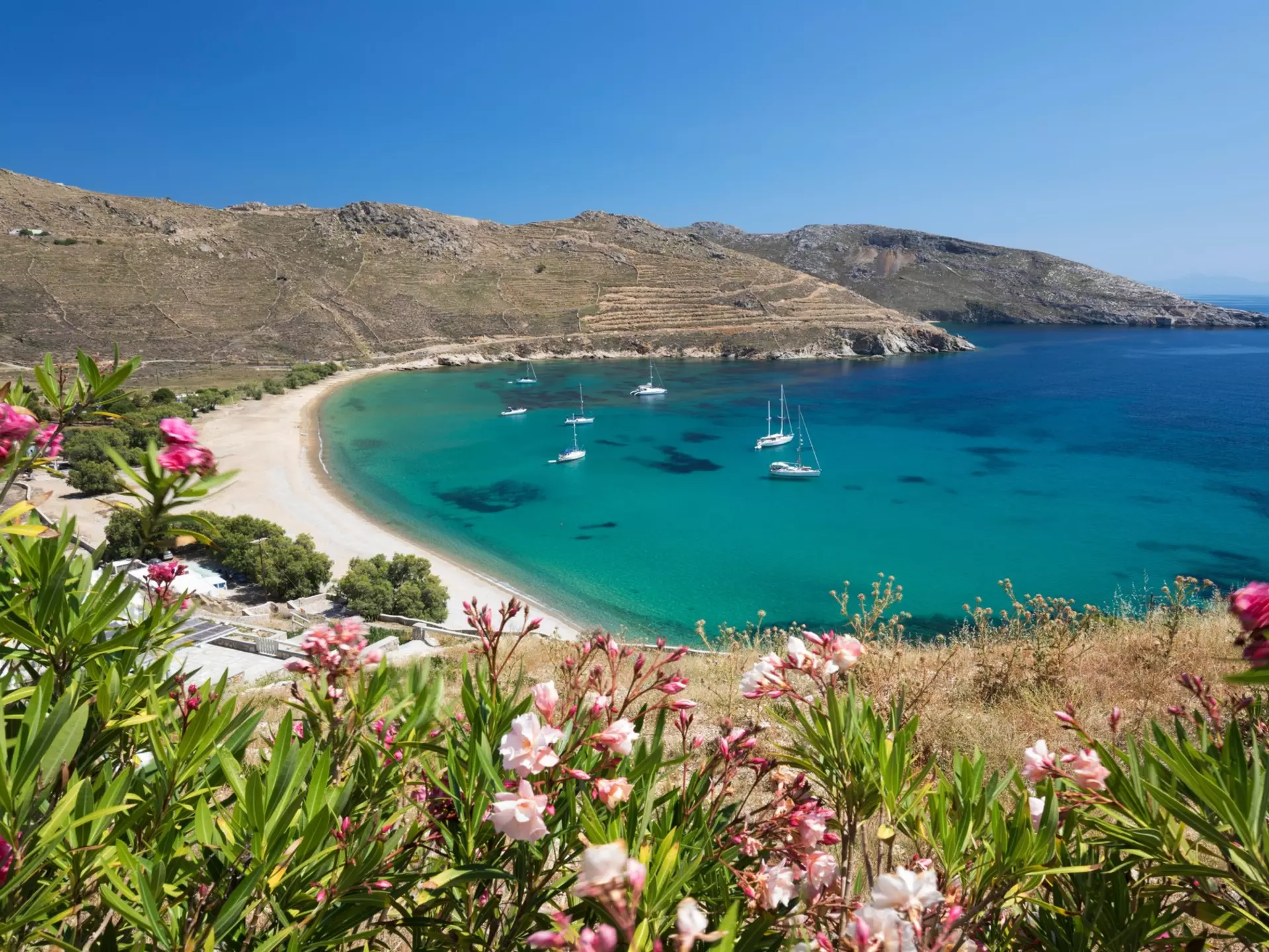 View over Ganema beach on island's south coast, Serifos, Cyclades, Aegean Sea, Greek Islands, Greece, Europe, 