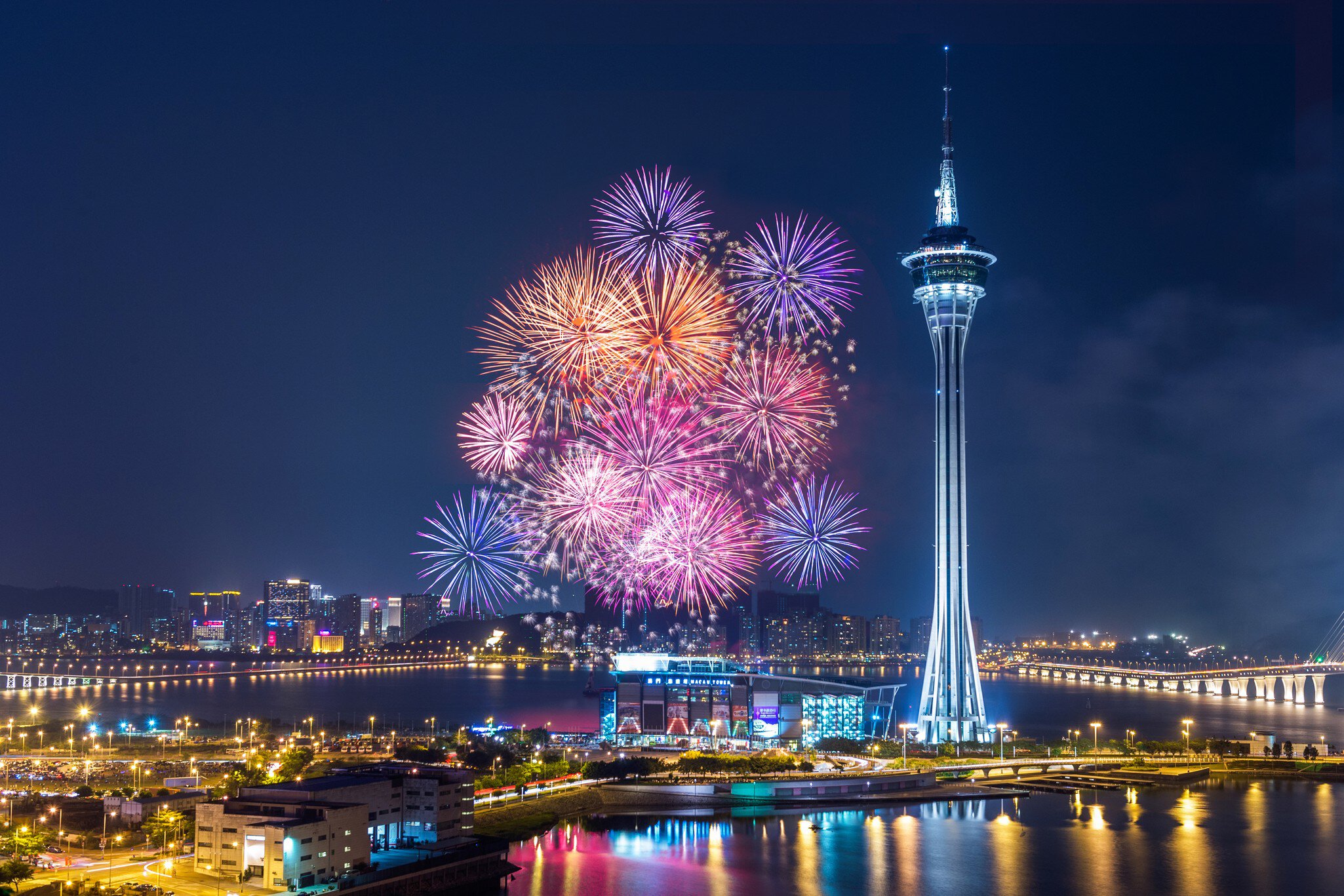 Macau colourful fireworks over the bay