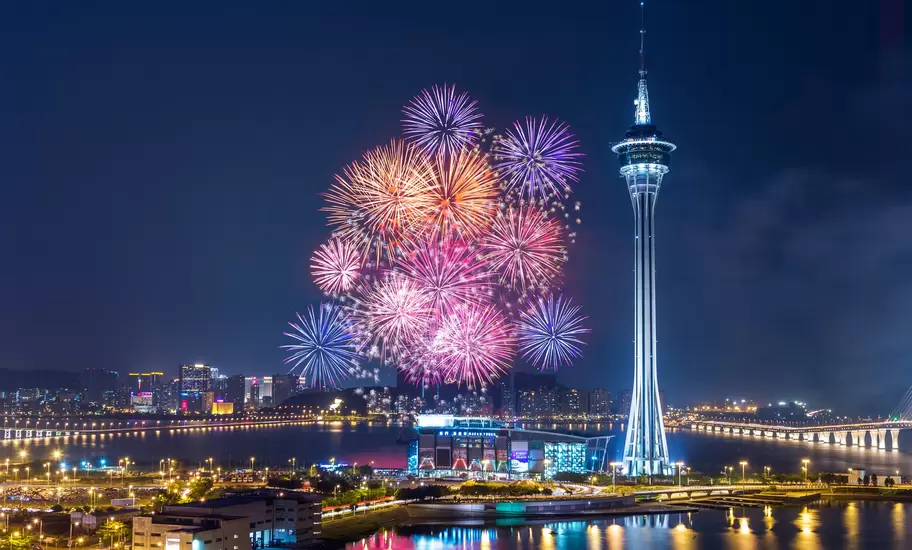 Colorful fireworks over the bay in Macau